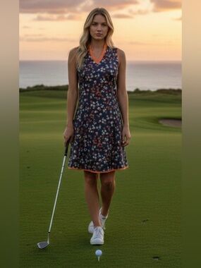 Callaway EUC Navy Floral Sleeveless Golf Dress Sz S Orange Trim Golfcore